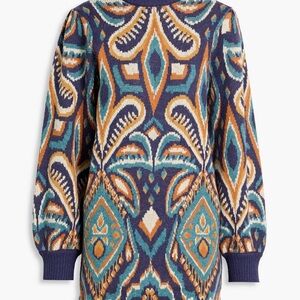 FARM Rio Blue and Orange Patterned Long Sleeve Dress